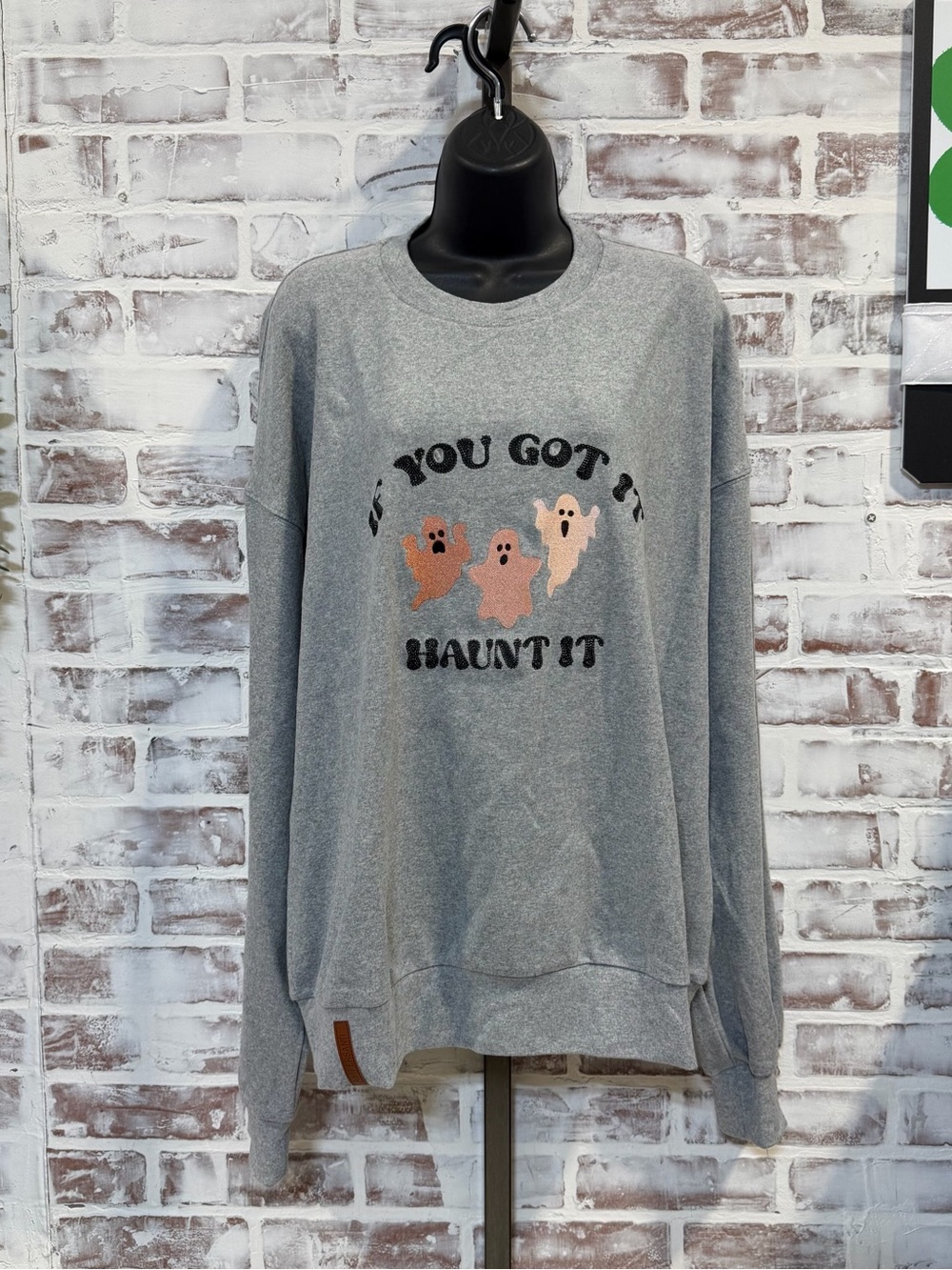 AMPERSAND AVE Gray Crewneck Sweatshirt with Pink & Peach Ghosts